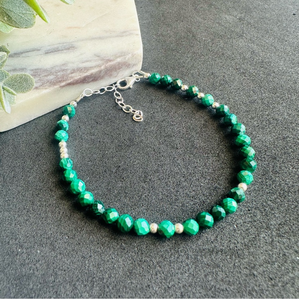 Genuine Malachite Bead Bracelet Sterling Silver